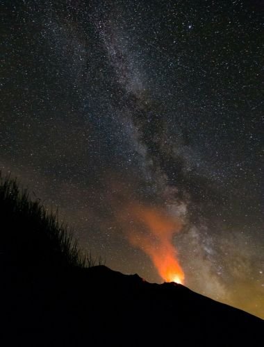 Erupting volcano Stromboli, Italy, at night with prominent Milky